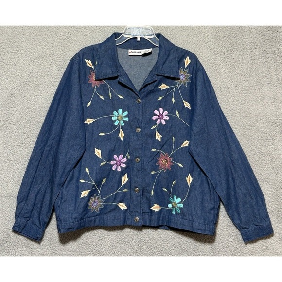 National Geographic Jackets & Blazers - Vintage National Denim Jacket Womens Sz 18 Floral Embroidery Grandmacore Beach